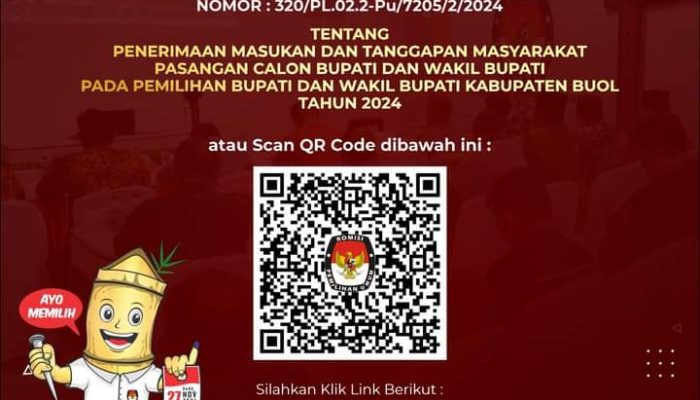 KPU Buka Penerimaan Masukan dan Tanggapan Masyarakat Untuk Pasangan Calon Bupati Buol 2024