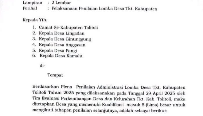Lima Desa di Tolitoli Melaju ke Tahap Penilaian Lapangan Lomba Desa 2024