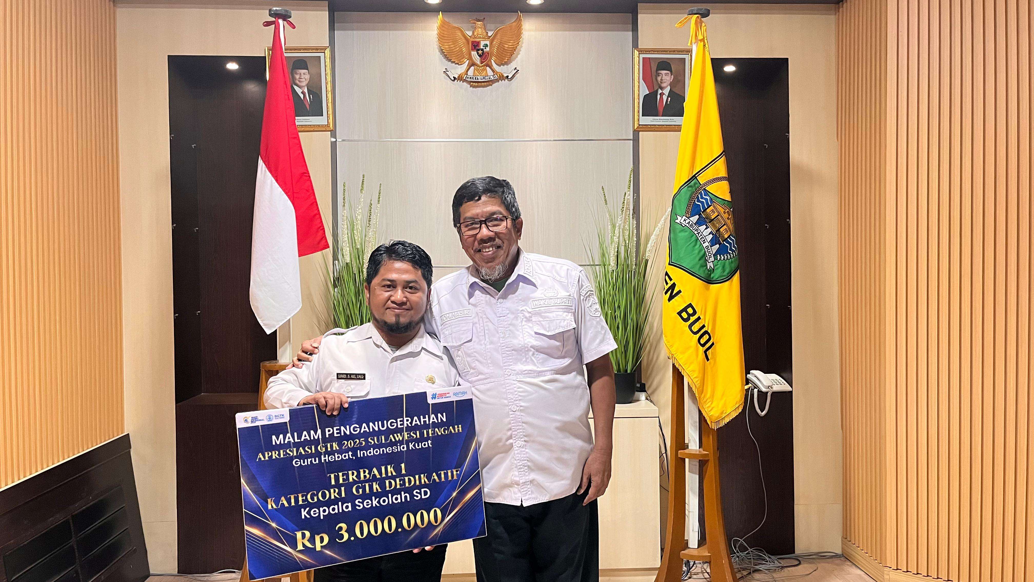Wakil Bupati Buol Beri Dukungan Penuh kepada Kepala SDN 6 Bunobogu, Supardi Is Hael, S.Pd, Raih Juara 1 Kepala Sekolah Dedikatif di Ajang GTK Jakarta