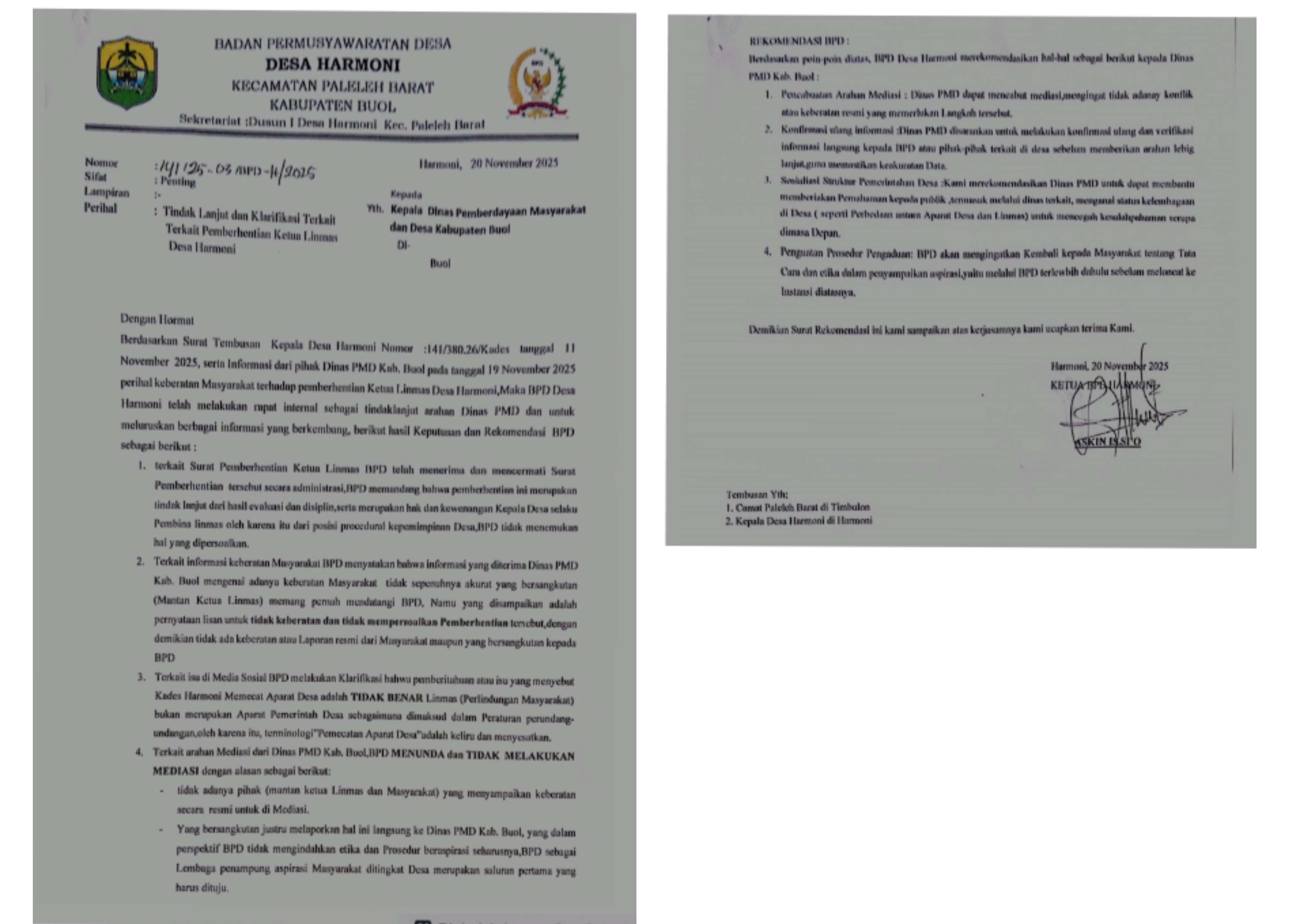 BPD Desa Harmoni Gelar Pertemuan Klarifikasi Terkait Pemberhentian Ketua Linmas