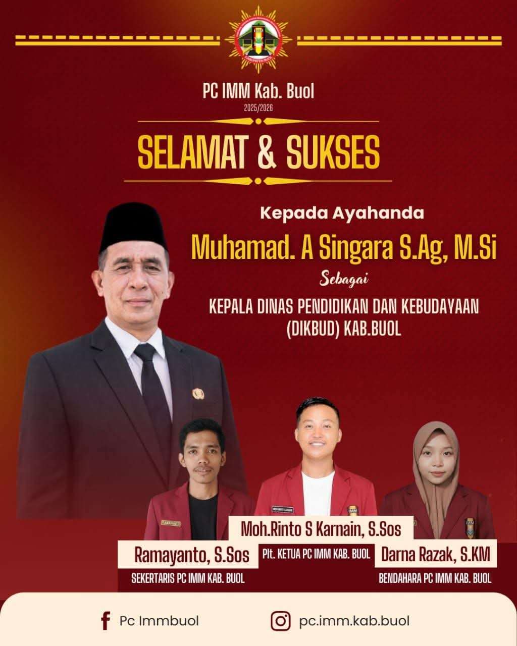 PC IMM Kabupaten Buol Ucapkan Selamat atas Pelantikan Kepala Dinas Pendidikan dan Kebudayaan