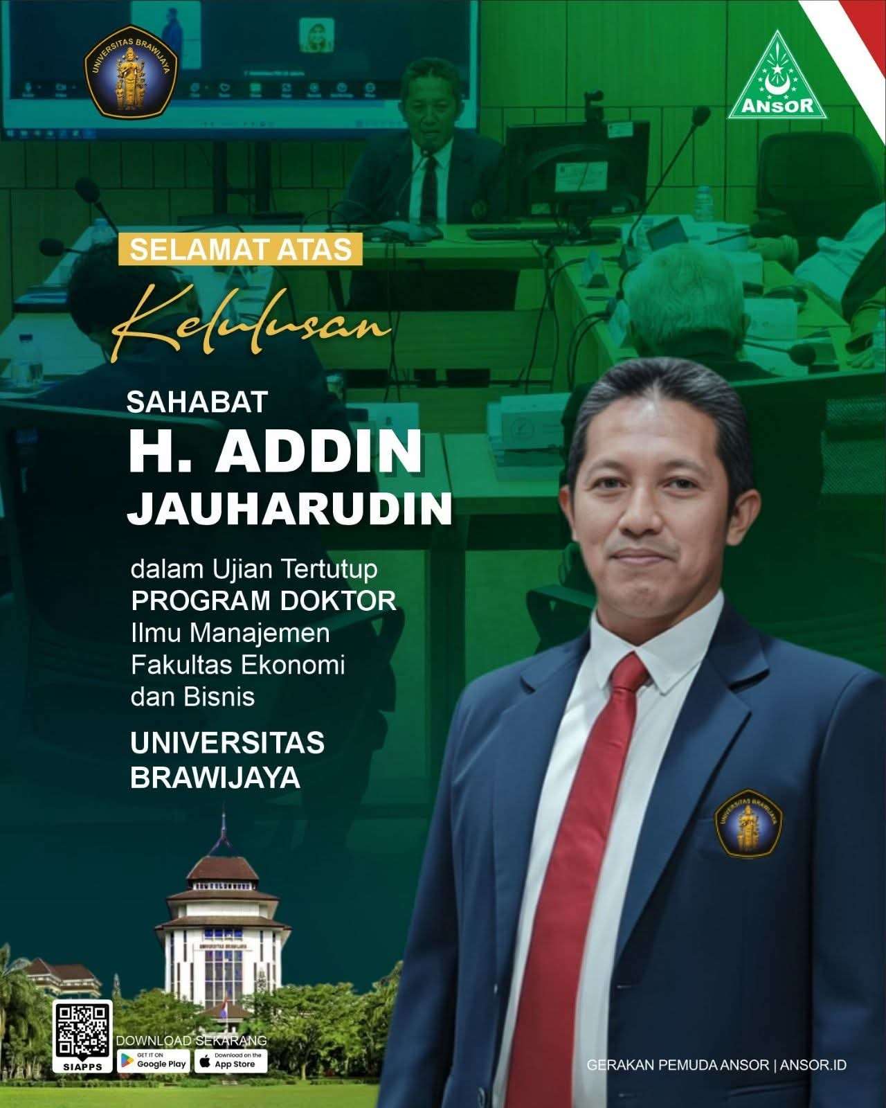 Ketua Umum PP GP Ansor H. Addin Jauharudin Sukses Pertahankan Disertasi Doktoral di Universitas Brawijaya