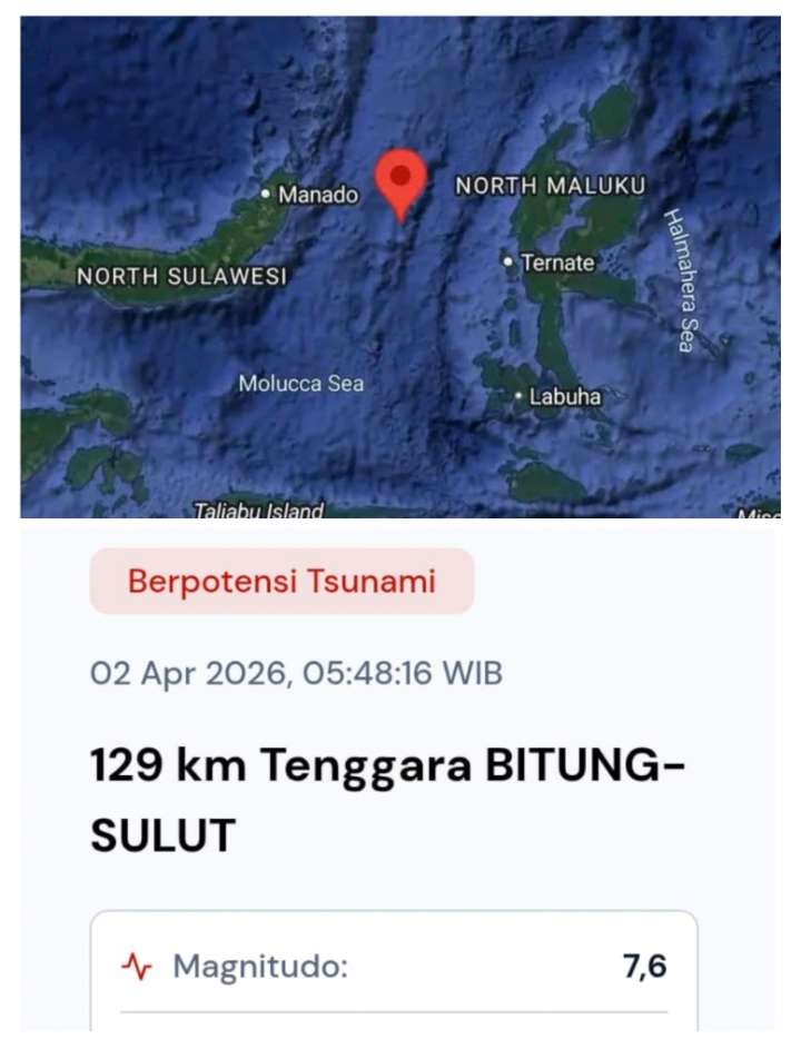 Gempa Dahsyat M 7,6 Guncang Tenggara Bitung, BMKG Keluarkan Peringatan Dini Tsunami