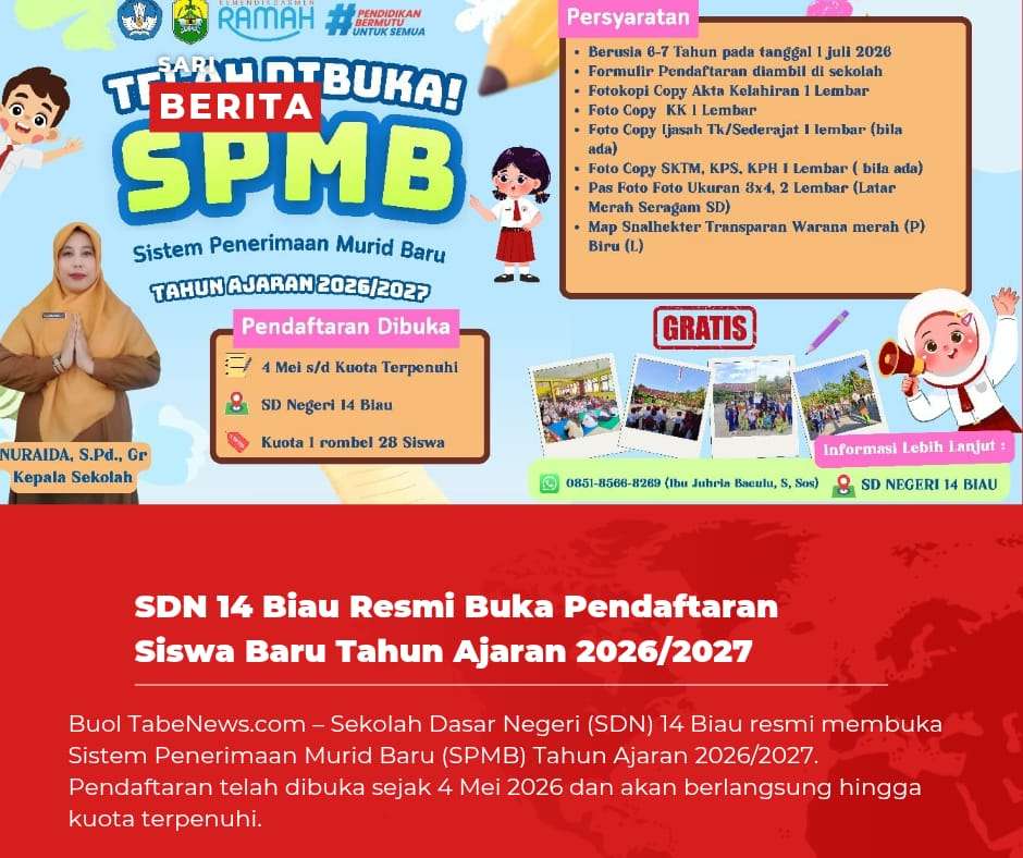 SDN 14 Biau Resmi Buka Pendaftaran Siswa Baru Tahun Ajaran 2026/2027
