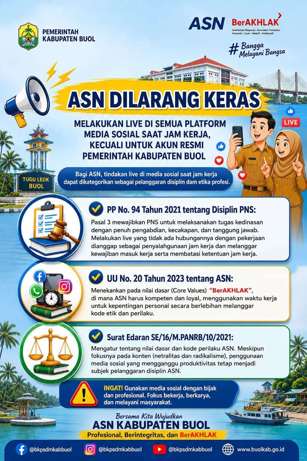 ASN Kabupaten Buol Dilarang Live Media Sosial Saat Jam Kerja, Pelanggaran Terancam Sanksi Disiplin