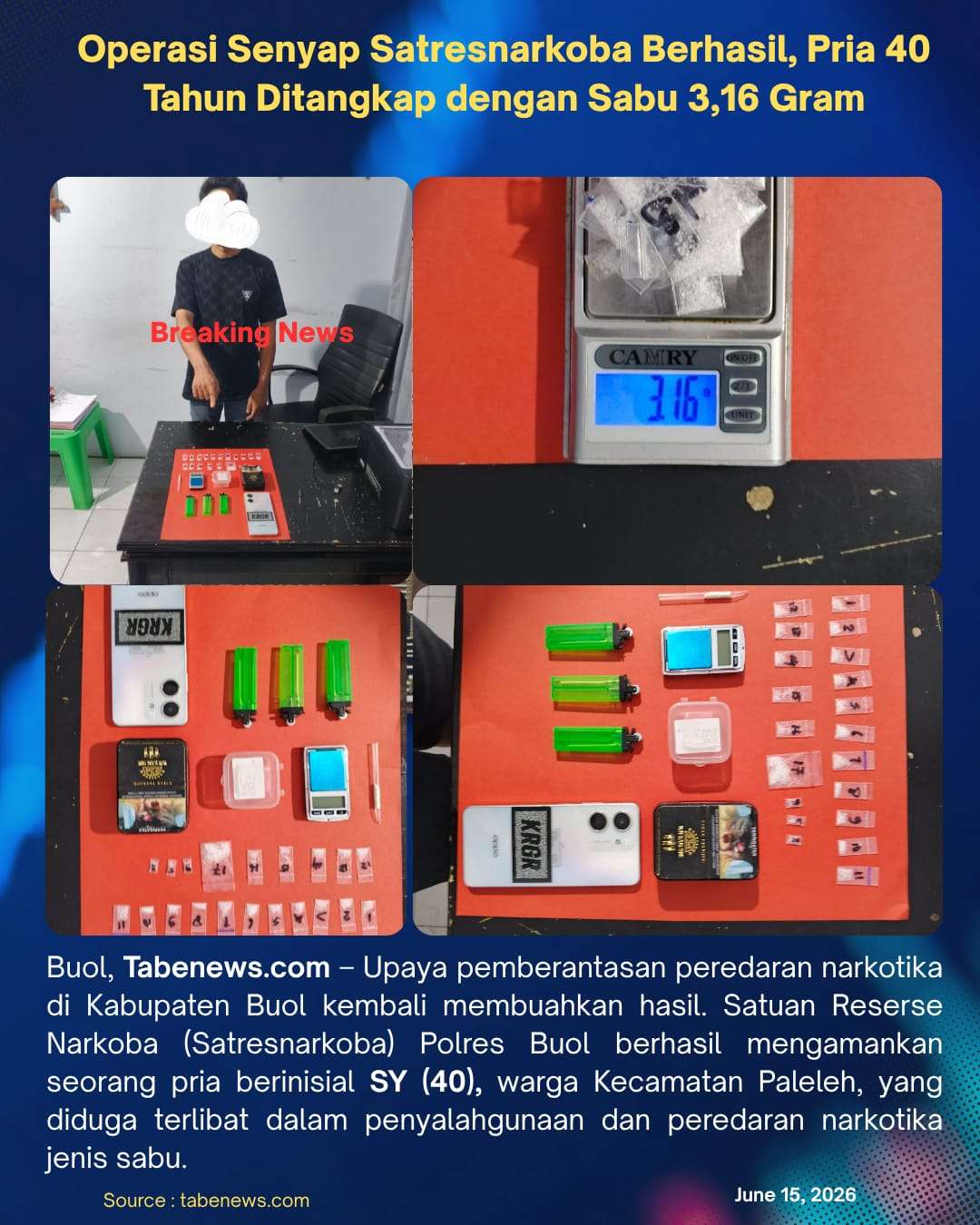 Operasi Senyap Satresnarkoba Berhasil, Pria 40 Tahun Ditangkap dengan Sabu 3,16 Gram
