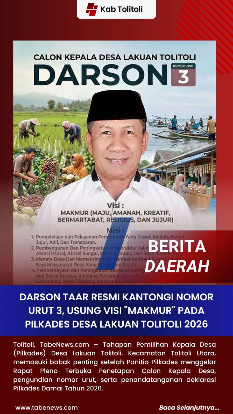 Darson Taar Resmi Kantongi Nomor Urut 3, Usung Visi “MAKMUR” pada Pilkades Desa Lakuan Tolitoli 2026