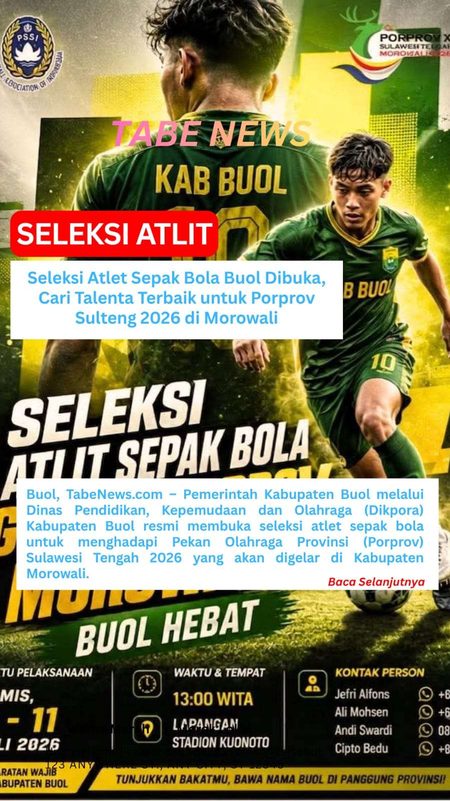Seleksi Atlet Sepak Bola Buol Dibuka, Cari Talenta Terbaik untuk Porprov Sulteng 2026 di Morowali