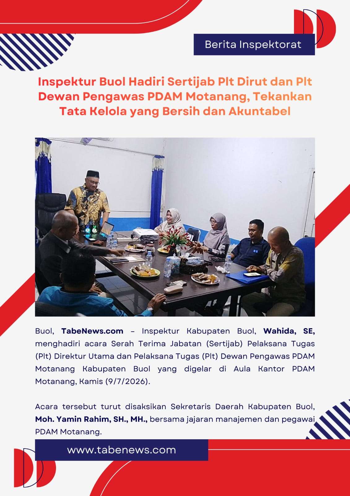 Inspektur Buol Hadiri Sertijab Plt Dirut dan Plt Dewan Pengawas PDAM Motanang, Tekankan Tata Kelola yang Bersih dan Akuntabel