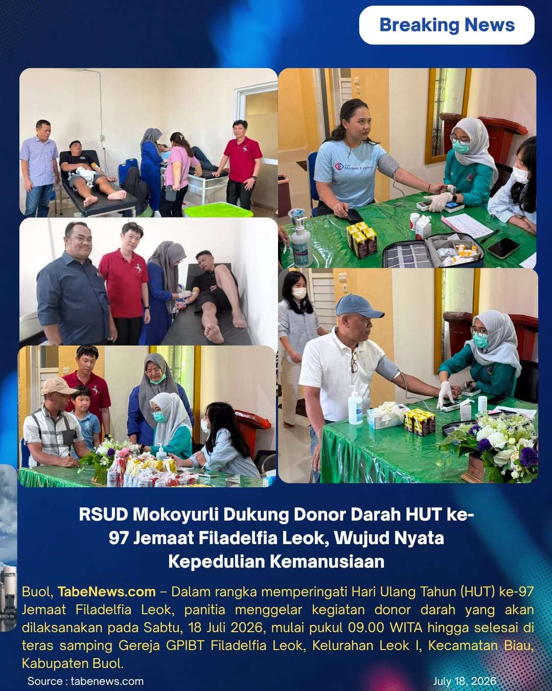 RSUD Mokoyurli Dukung Donor Darah HUT ke-97 Jemaat Filadelfia Leok, Wujud Nyata Kepedulian Kemanusiaan