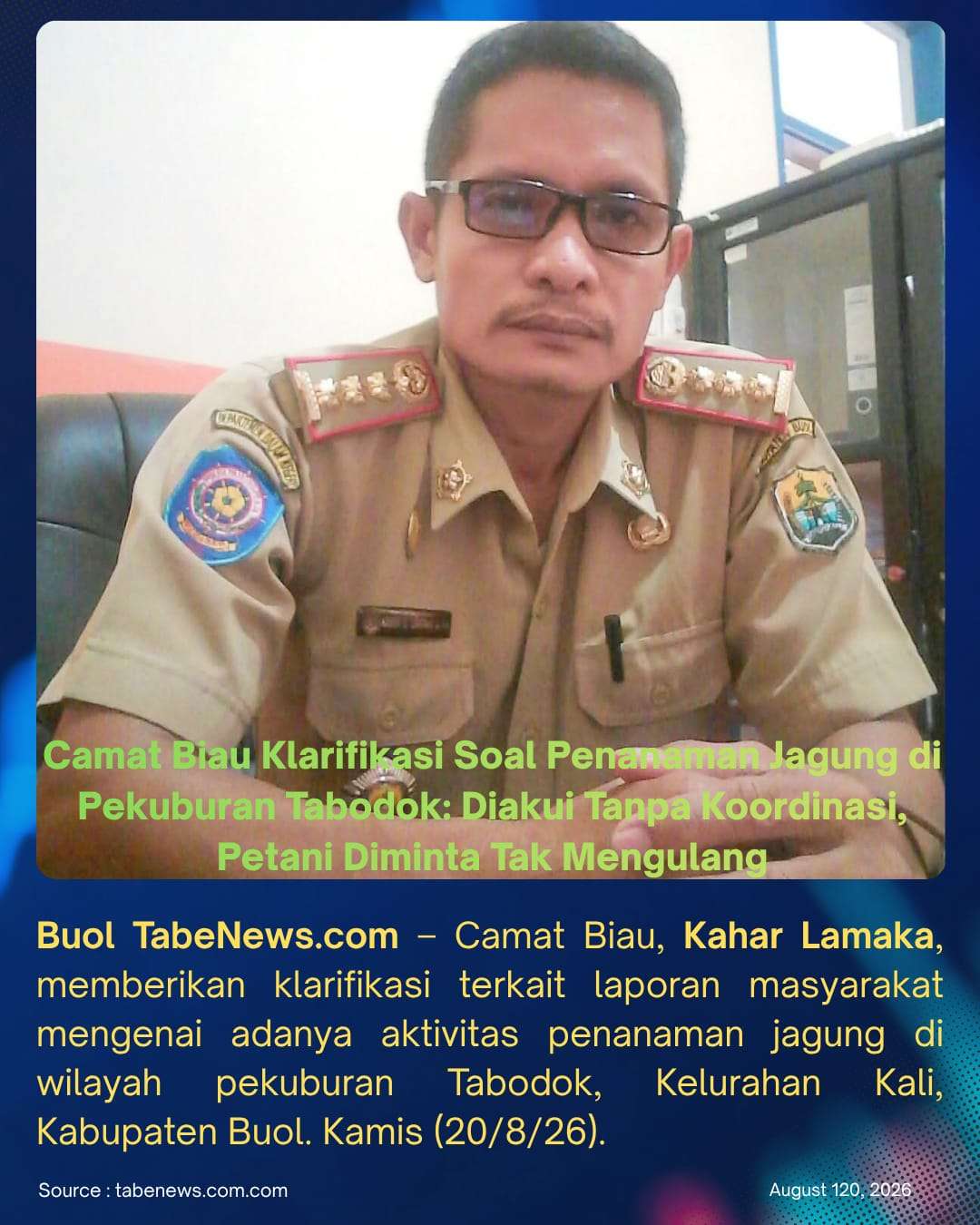 Camat Biau Klarifikasi Soal Penanaman Jagung di Pekuburan Tabodok: Diakui Tanpa Koordinasi, Petani Diminta Tak Mengulang