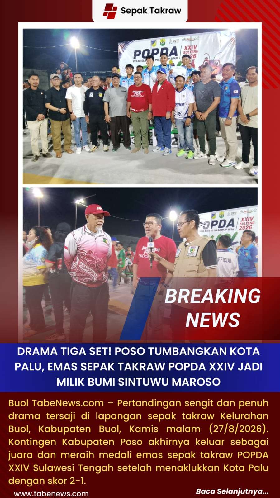 Drama Tiga Set! Poso Tumbangkan Kota Palu, Emas Sepak Takraw POPDA XXIV Jadi Milik Bumi Sintuwu Maroso