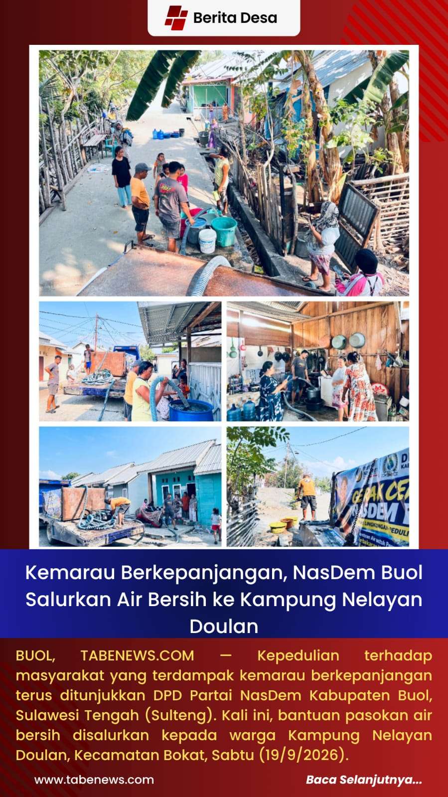 Kemarau Berkepanjangan, NasDem Buol Salurkan Air Bersih ke Kampung Nelayan Doulan