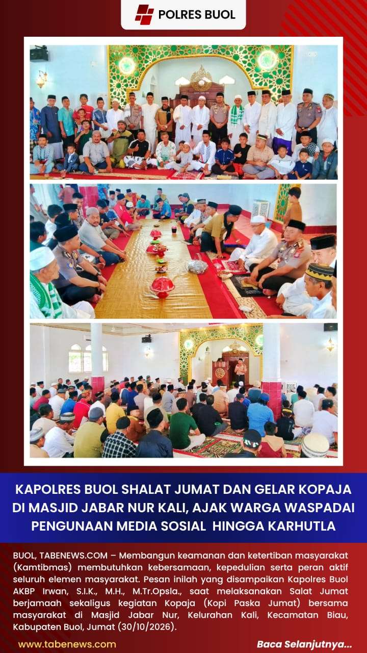 Kapolres Buol Shalat Jumat dan Gelar Kopaja di Masjid Jabar Nur Kali, Ajak Warga Waspadai Pengunaan Media Sosial hingga Karhutla